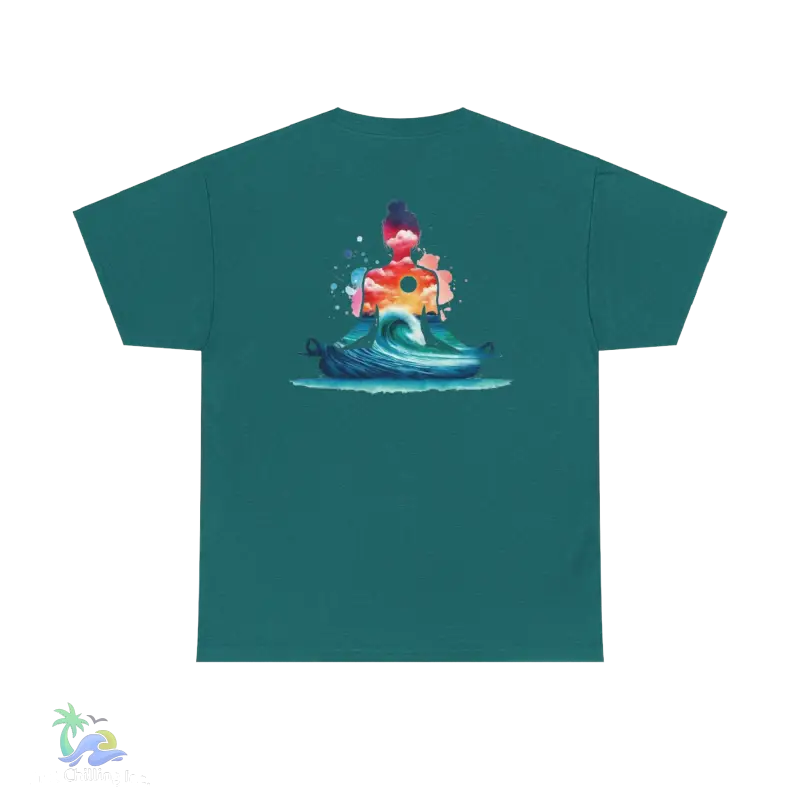 a green t - shirt with an image of a mermaid riding a wave
