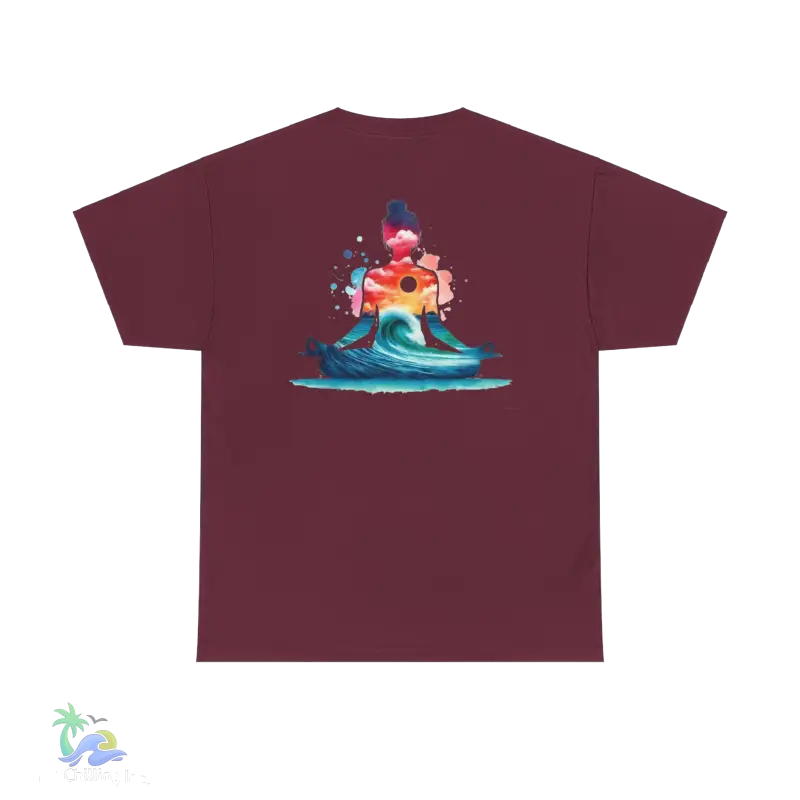 a maroon t - shirt with an image of a person on a surfboard