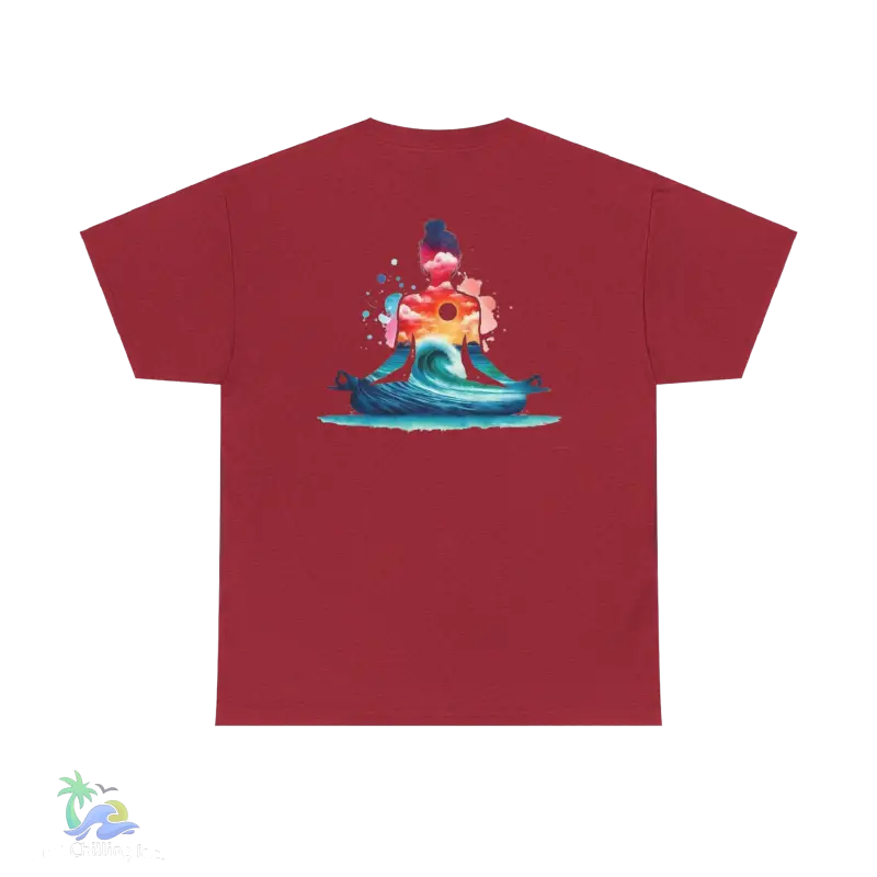 a red t - shirt with an image of a surfer riding a wave