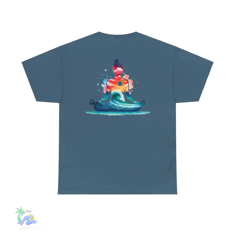 a blue t - shirt with an image of a surfer riding a wave