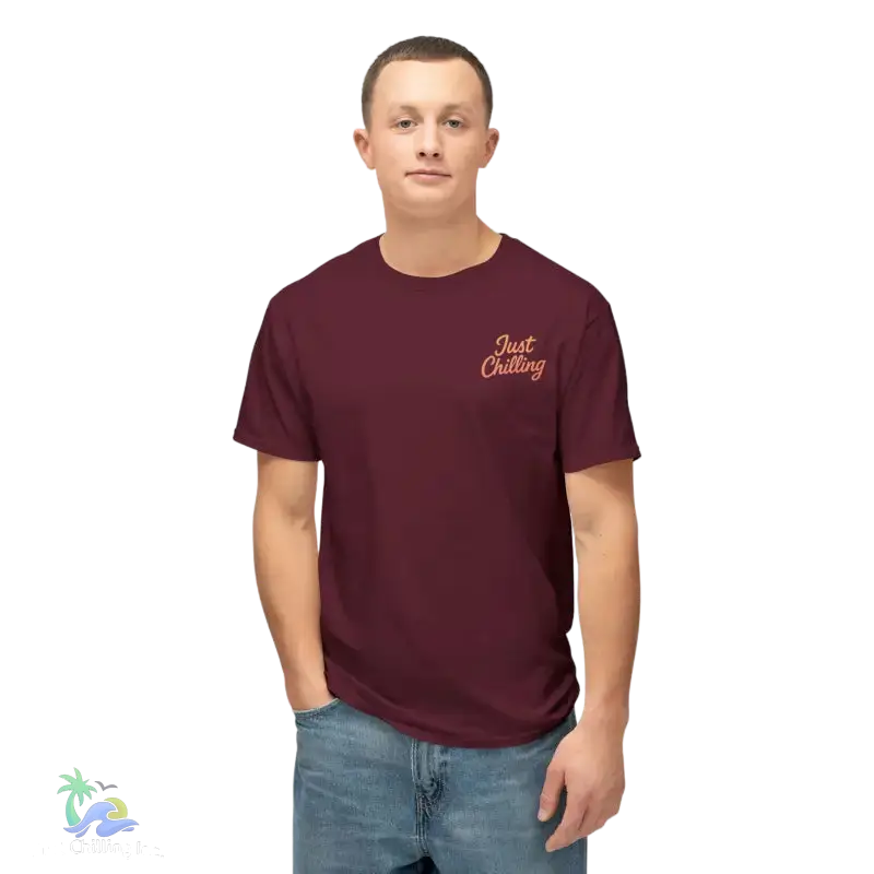 Maroon t-shirt with ’Just Chilling’ text.