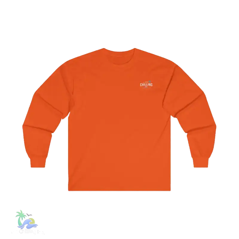 An orange long-sleeved shirt with a white logo on the left chest area.