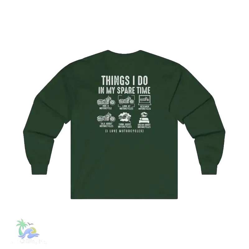 The image is a green long-sleeved shirt with white text on the back, depicting various motorcycle-related activities and interests.