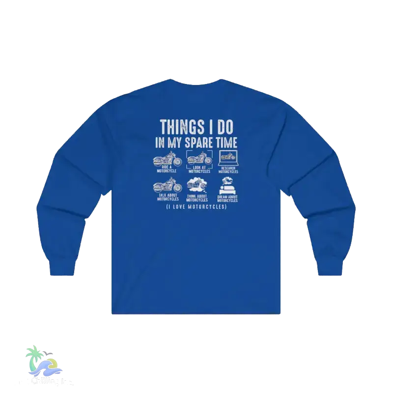 A blue long-sleeved shirt with white text and illustrations on the back.