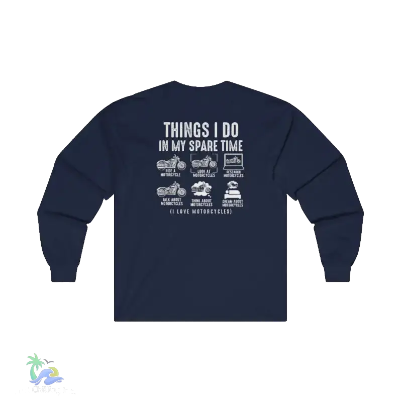 The image is a navy blue long-sleeved shirt with white text and illustrations on the back.