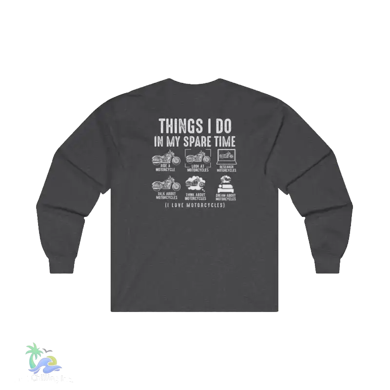 The image is a gray long-sleeve shirt with white text and illustrations on the back.