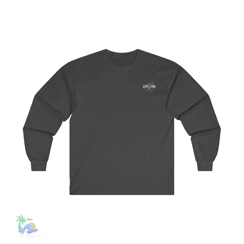 A gray long-sleeved shirt with a logo on the left side of the chest.