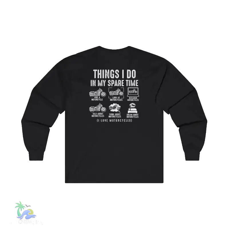 The image is a black long-sleeve t-shirt with white text and illustrations on the back.