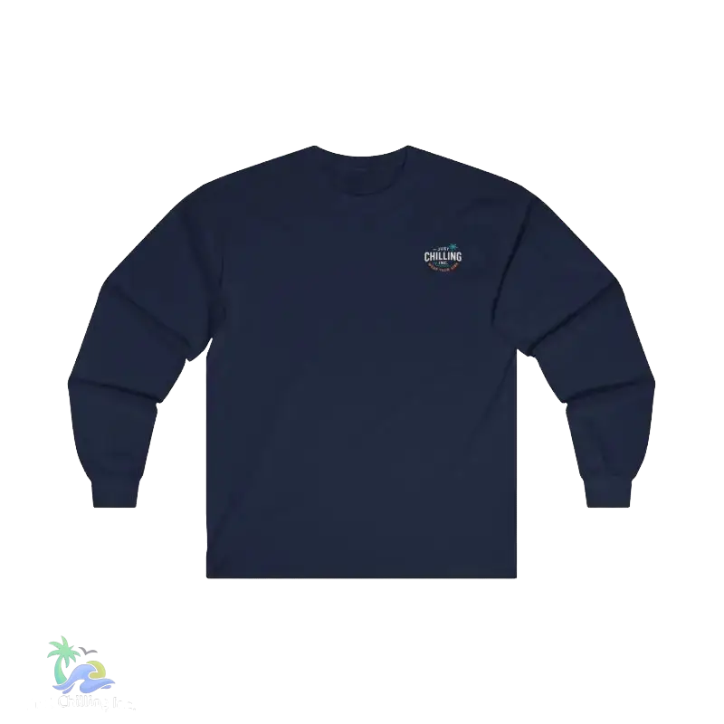 A navy blue long-sleeved shirt with a logo on the left side.