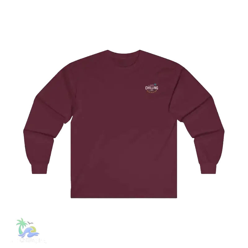 A maroon long-sleeved shirt with a small logo on the left chest area.