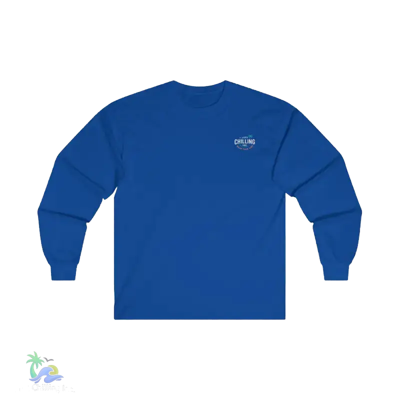 A blue long-sleeved shirt with a logo on the left chest area.