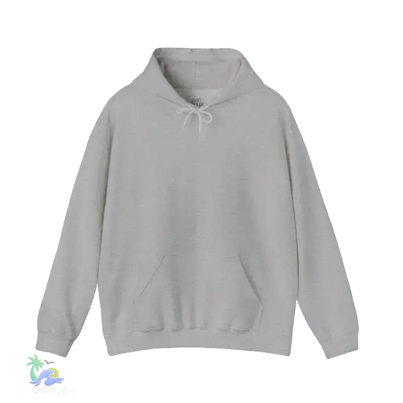 A white hoodie with a drawstring hood and a front pocket.