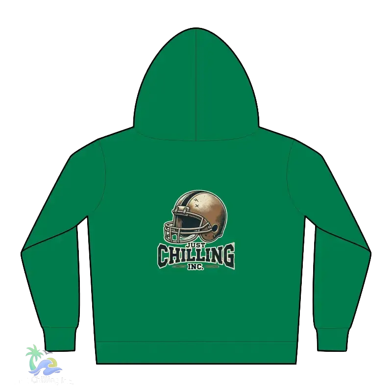 A green hoodie with a football helmet and the text "Just Chilling Inc." printed on it.