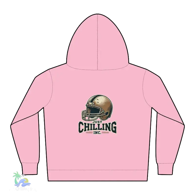 A pink hoodie with a graphic of a football helmet and the text "Just Chilling Inc." printed on it.