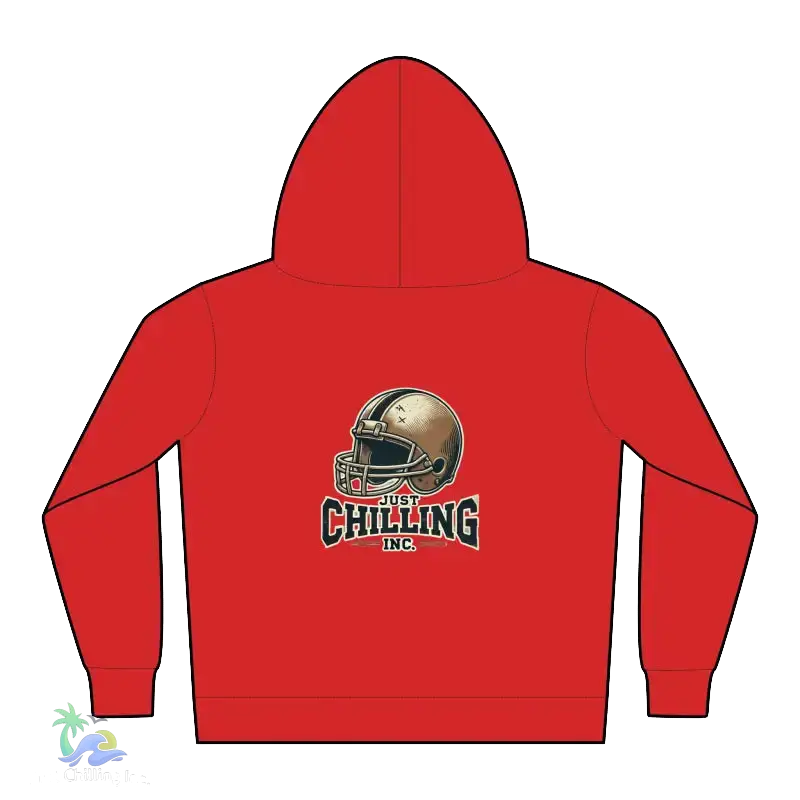 A red hoodie with a graphic of a football helmet and the text "Just Chilling Inc." printed on it.