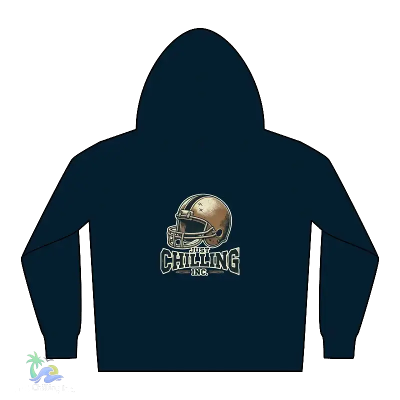 A navy blue hoodie with a gold football helmet and the text "Chilling Inc." printed on it.
