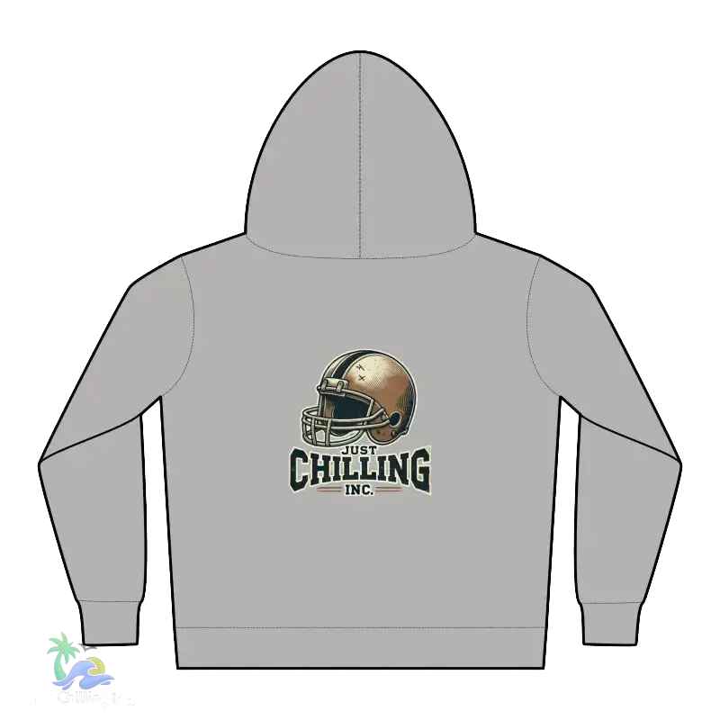 A grey hooded sweatshirt with a graphic of a football helmet and the text "Just Chilling Inc." printed on it.