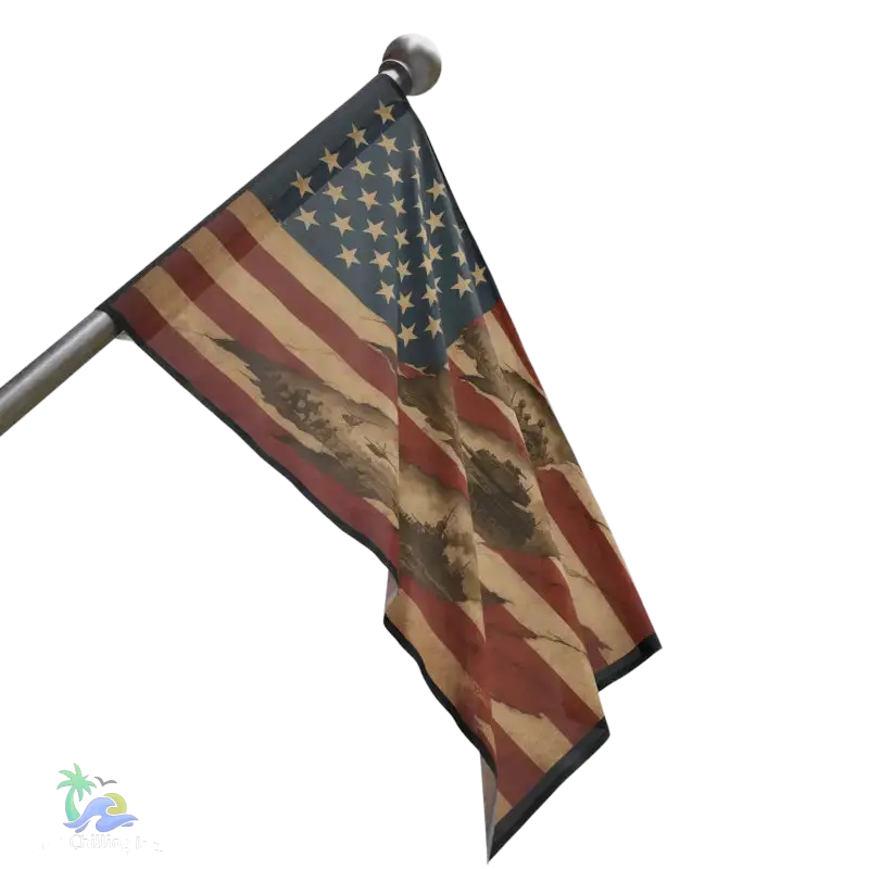 a flag with a distressed appearance, with the American flag prominently displayed.