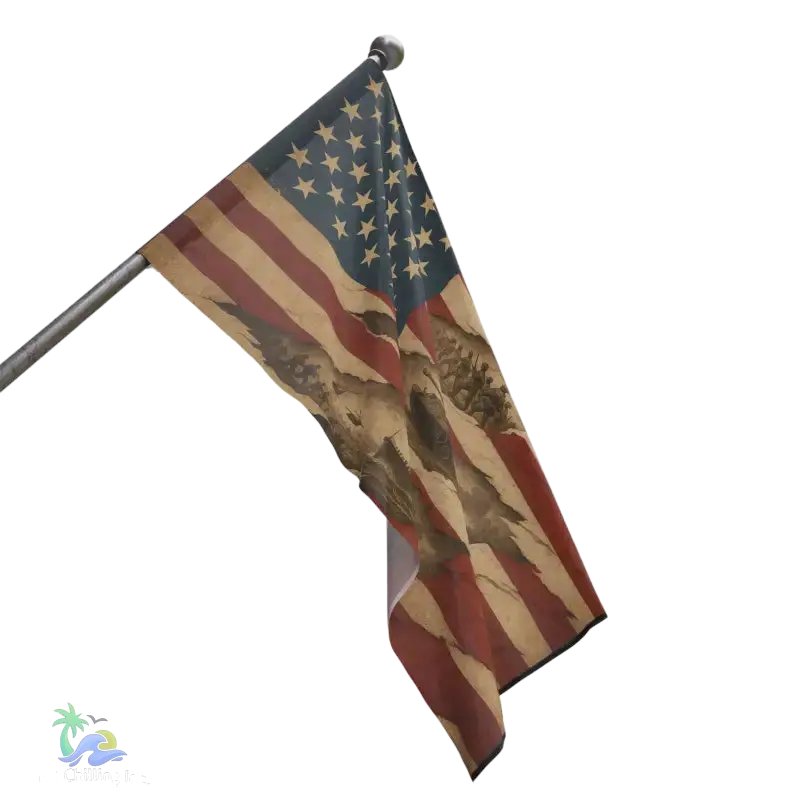 a flag with a distressed appearance, featuring a design of a flag and a bird.