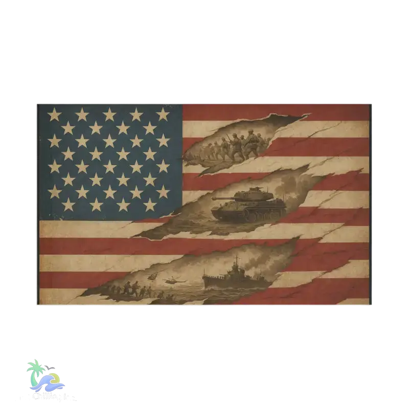 a collage of various military scenes, including soldiers, tanks, and ships, set against the backdrop of the American flag.