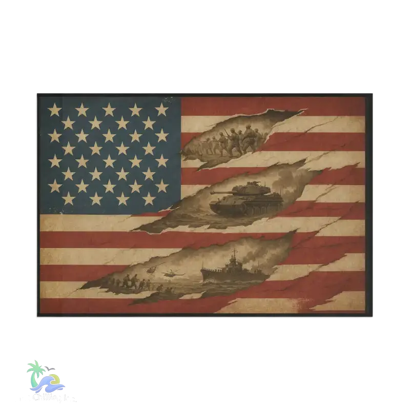 The image is a collage of various military scenes, including soldiers, tanks, and ships, set against the backdrop of the American flag.