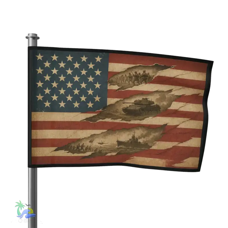 a flag with a design that includes a large American flag with stars and stripes, and a smaller image of soldiers and tanks below it.