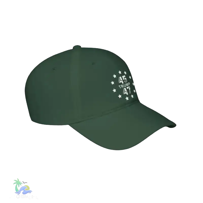 A dark green baseball cap with a white design on the front.