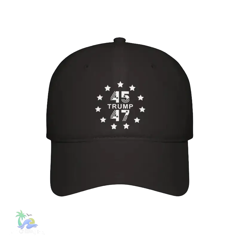 A black baseball cap with a white design on the front.