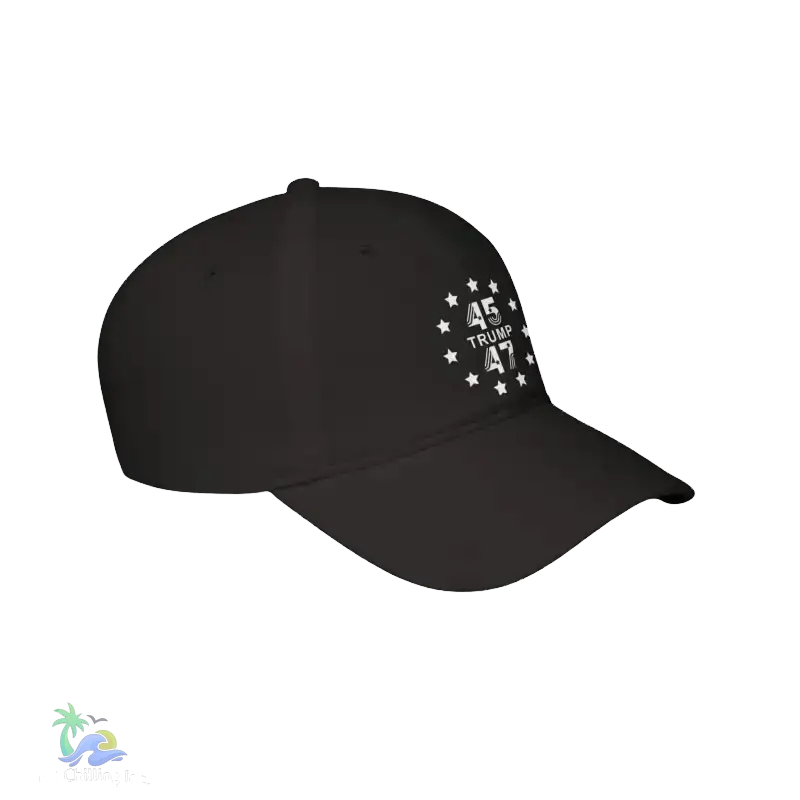 A black baseball cap with white text and stars on the front.