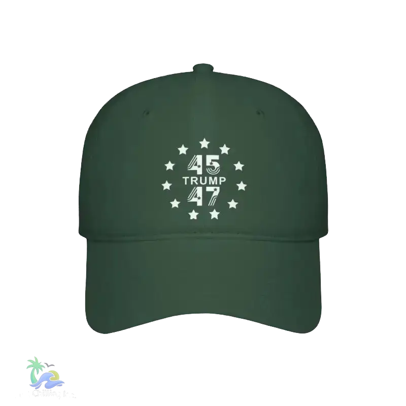 A dark green baseball cap with a white design on the front.