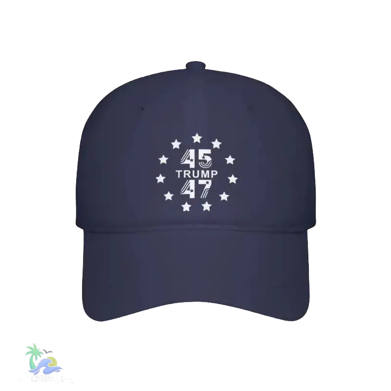 A dark blue baseball cap with a white design on the front.