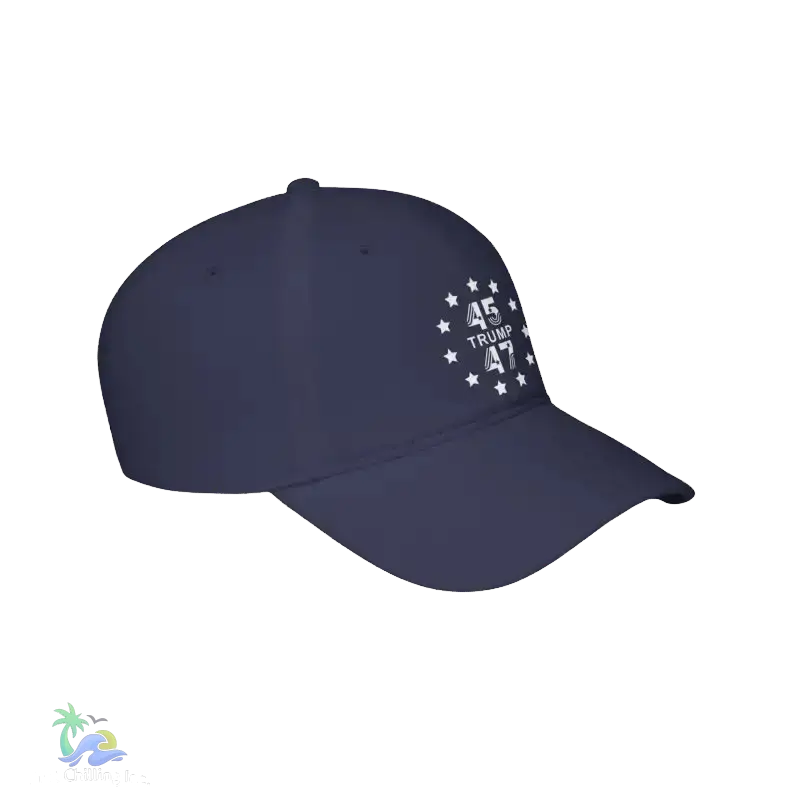A dark blue baseball cap with a white design on the front, featuring the text "45 Trump 47" surrounded by stars.