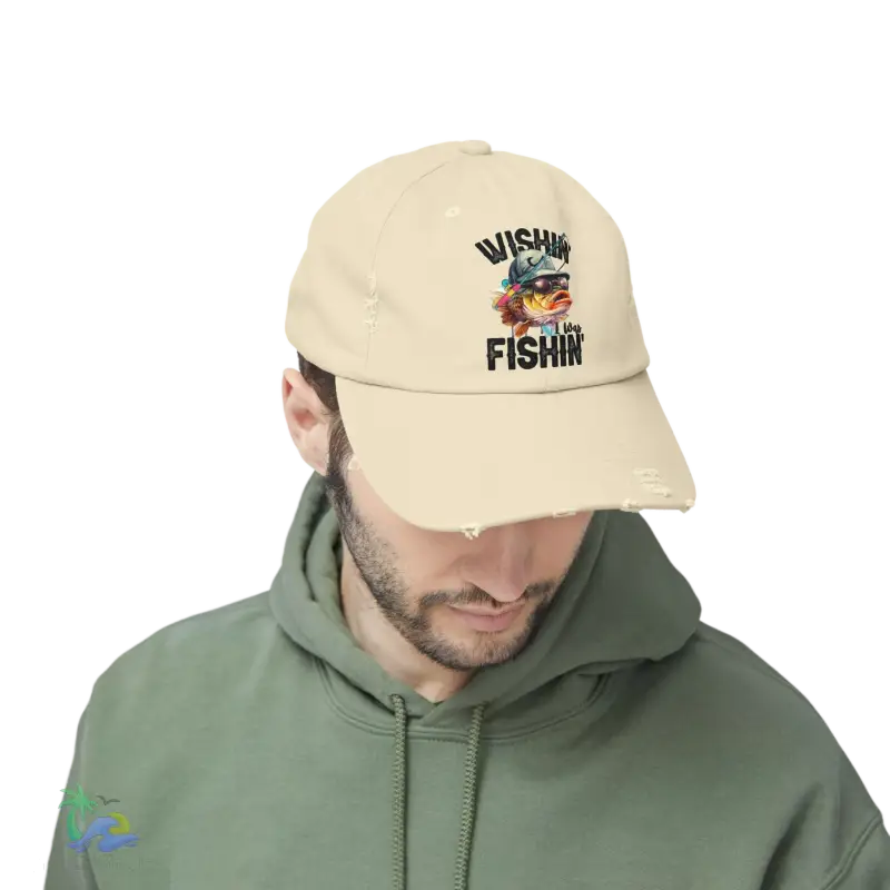 Unisex Distressed Cap – ‘Wishing I Was Fishing’ Casual Hat for Fishing Enthusiasts - Just Chilling Inc.Just Chilling Inc.