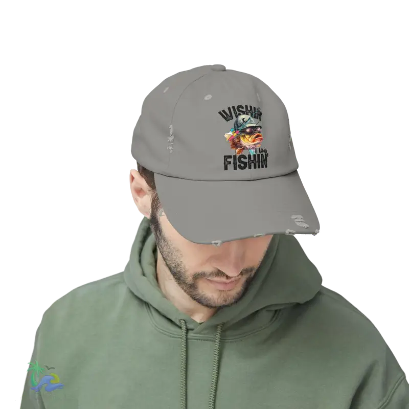 Unisex Distressed Cap – ‘Wishing I Was Fishing’ Casual Hat for Fishing Enthusiasts - Just Chilling Inc.Just Chilling Inc.