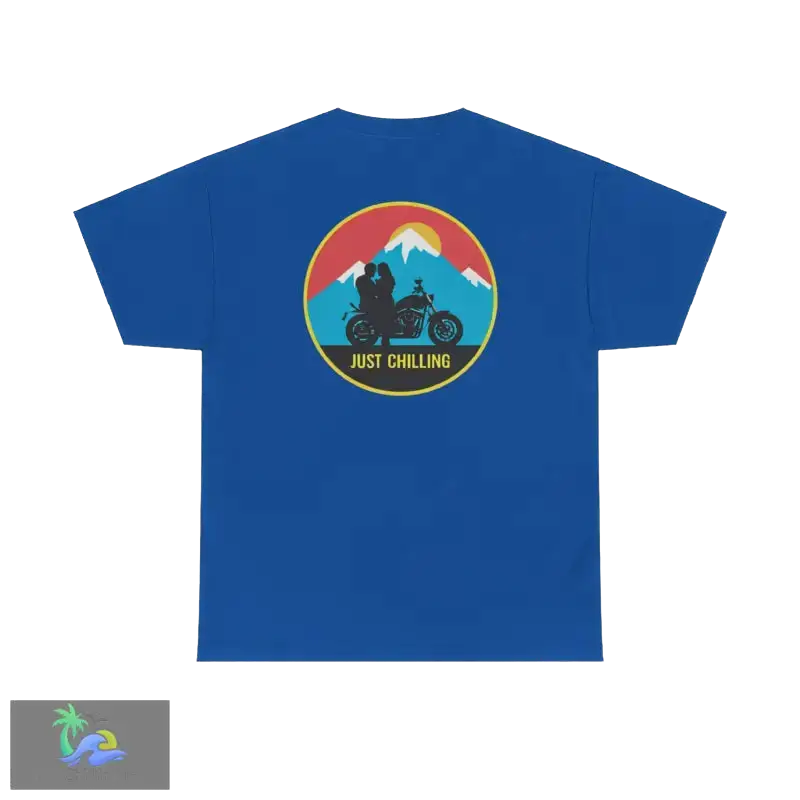 a blue t - shirt with an image of two people on a motorcycle