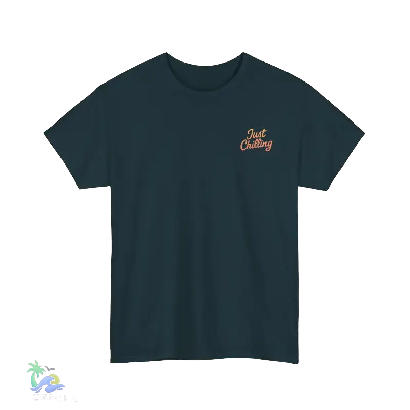 A dark green t-shirt with a small, embroidered logo on the left side that says "Just Chilling".