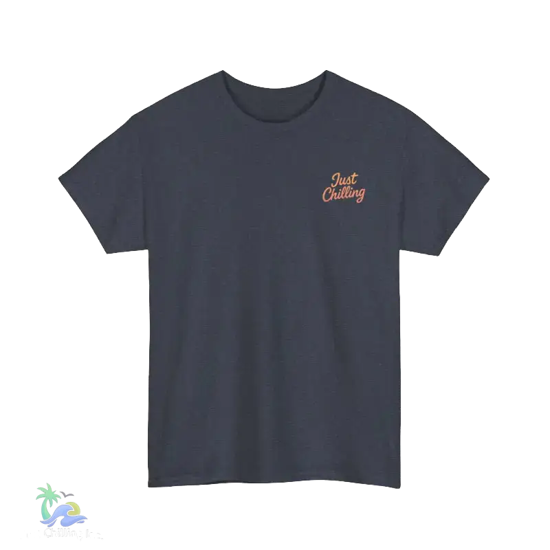 A gray t-shirt with a small, printed text on the left side of the chest area.