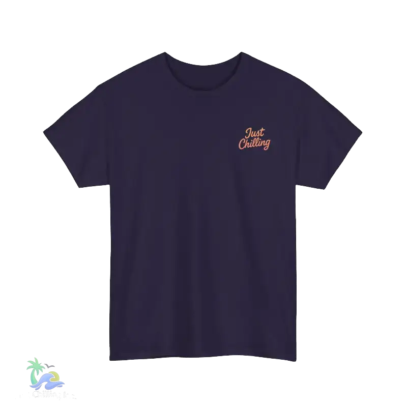 A dark purple t-shirt with a small, handwritten text embroidered on the left side.