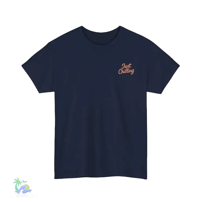 A navy blue t-shirt with a small orange text logo on the left side.