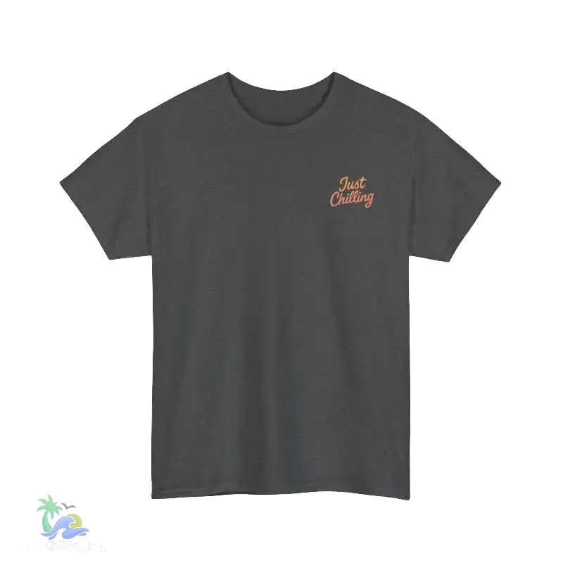 A gray t-shirt with a small, handwritten text on the left side of the chest.
