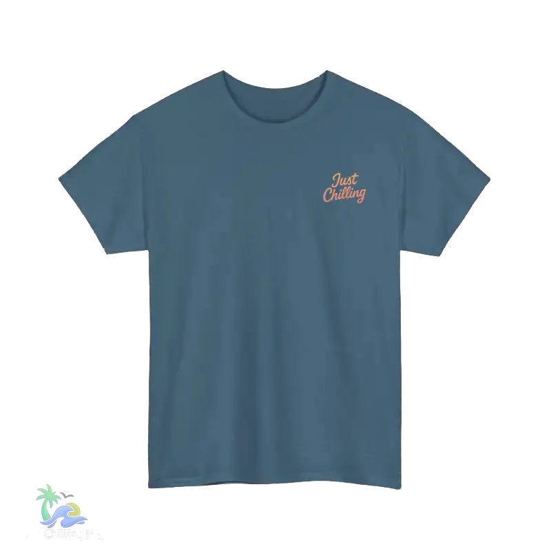 A blue t-shirt with a small orange text logo on the left side.