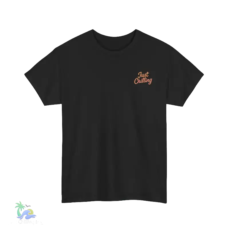 A black t-shirt with a small, embroidered logo on the left side.