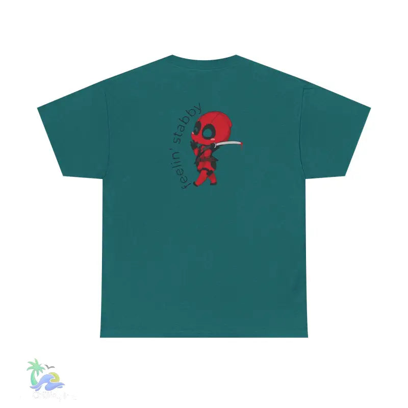 Teal t-shirt with Deadpool graphic.