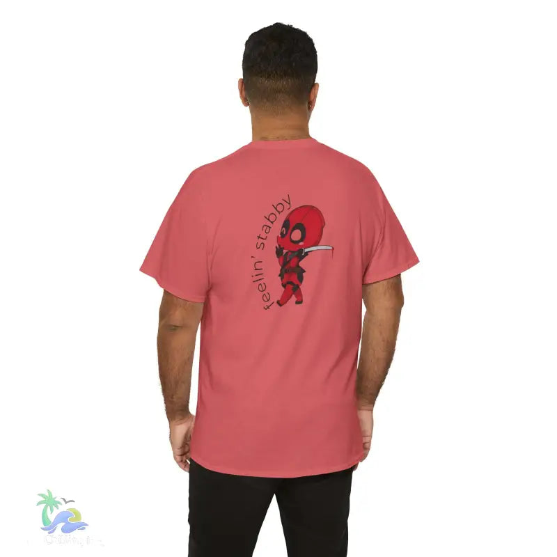 Salmon-colored t-shirt with Deadpool graphic.