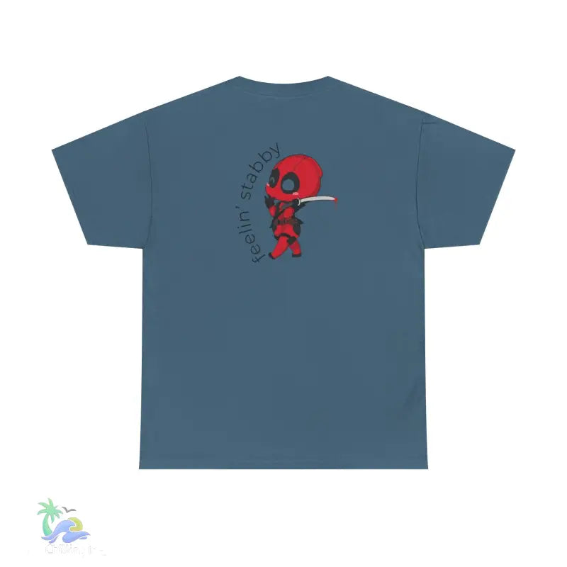 Blue t-shirt with cartoon Deadpool.
