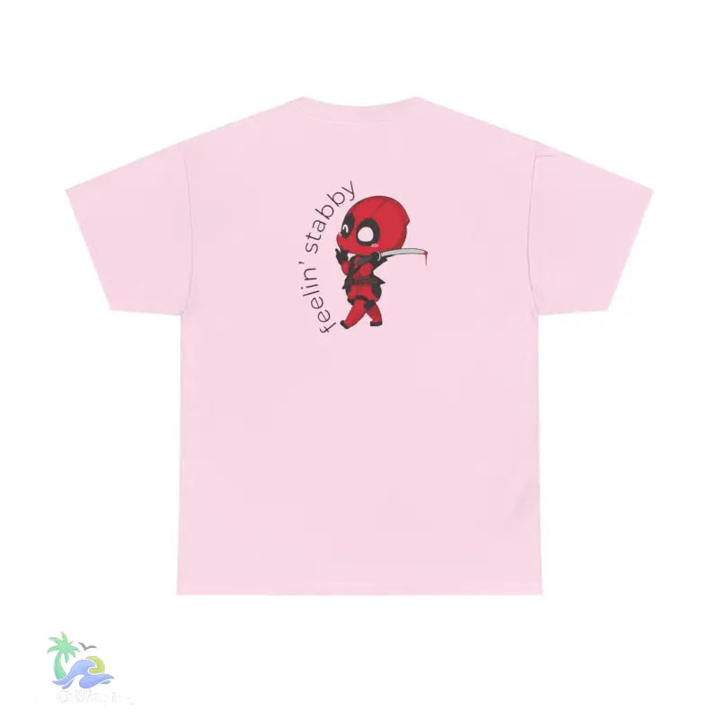 Pink t-shirt with Deadpool graphic.