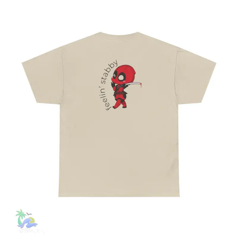 Beige t-shirt with Deadpool graphic.