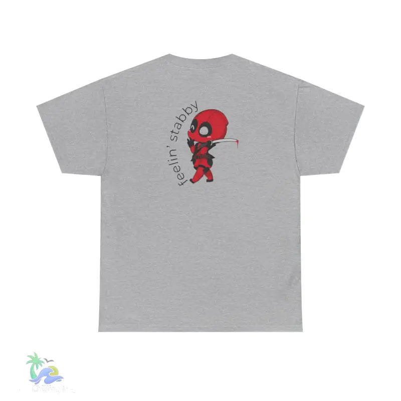Gray t-shirt with Deadpool graphic.