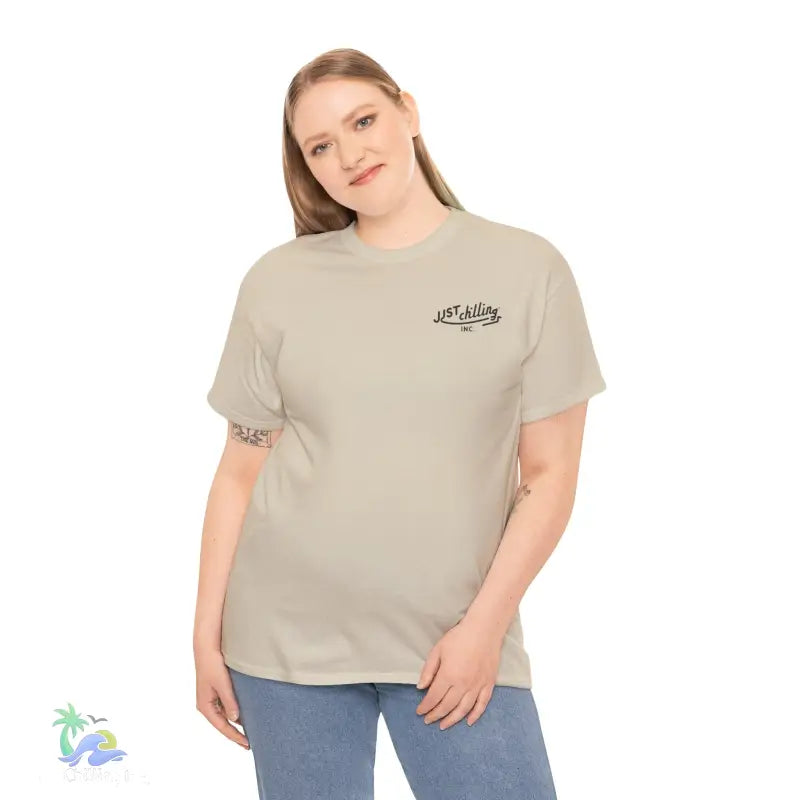 Beige t-shirt with small logo.