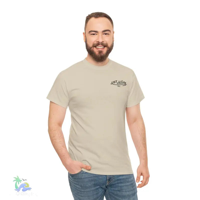 Beige t-shirt with small text.